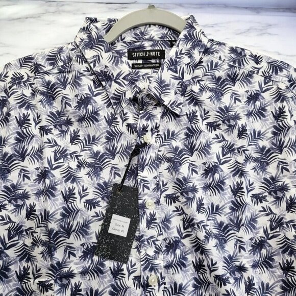 Stitch Note Mens Navy White Tropical Print Short Sleeve Cotton Shirt NEW Medium - Picture 2 of 8